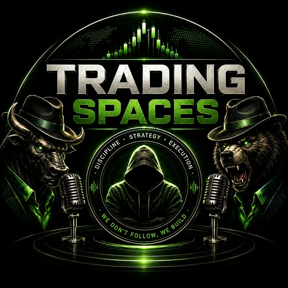 TradingSpaces emblem: a bull and a bear in fedoras facing each other, a hooded trader between them, and the words discipline, strategy, execution.